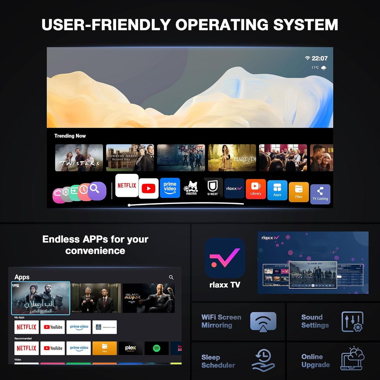 【Officially-Licensed APP & Native 1080P】Thinnest 1.81" Smart Mini Projector with Wifi and Bluetooth, Auto Focus & Keystone Portable Outdoor Projector, 4K Support Home Movie Projector