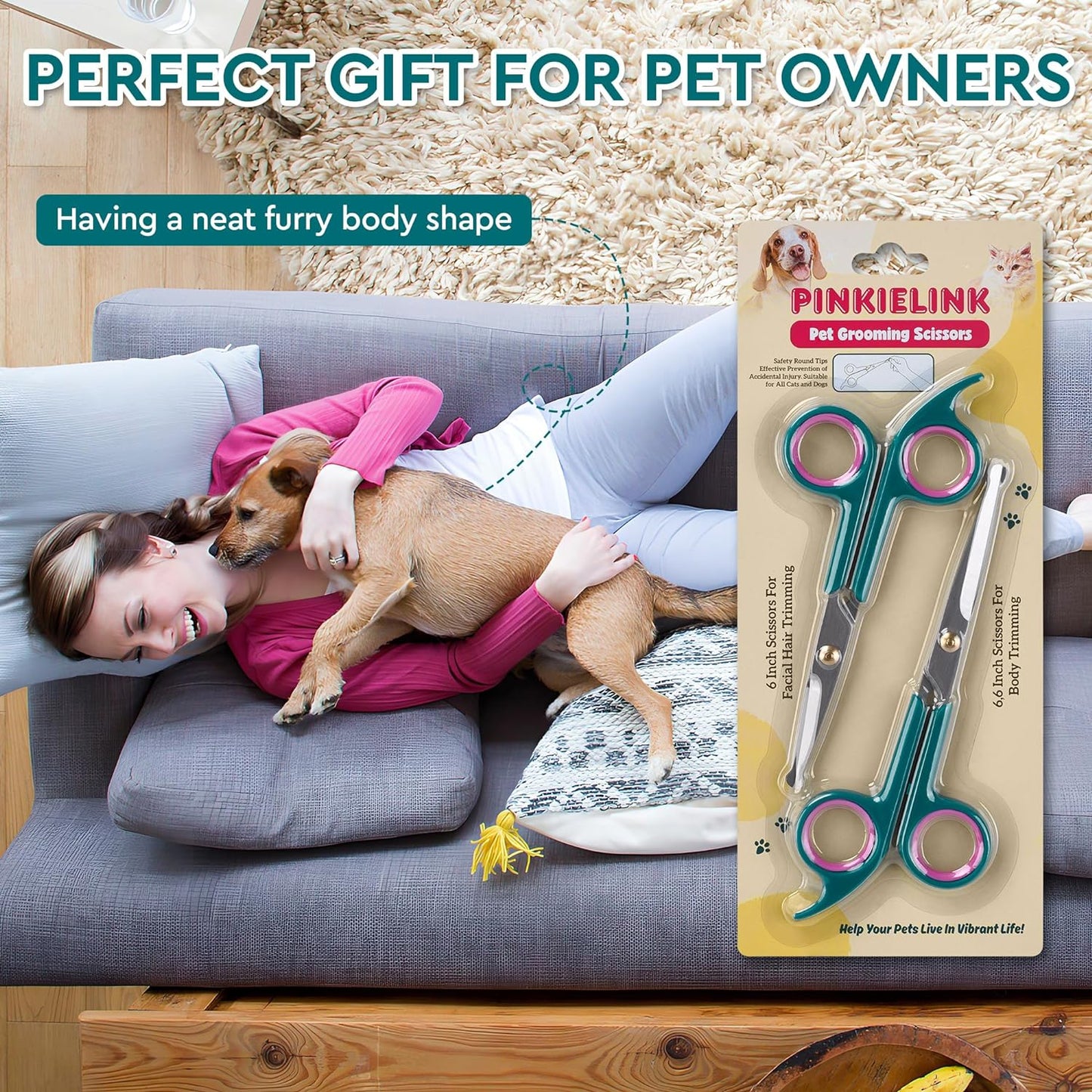 Professional Dog and Cat Grooming Scissors, Pet Grooming Shears, Sharp Stainless Steel Blade with round Tips - Safety Fur Trimming for Dogs, Cats (Set of 2)