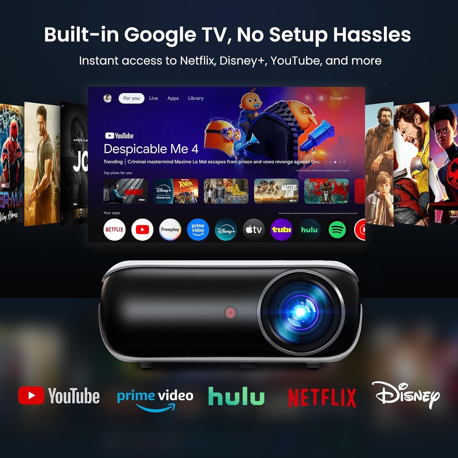 Official Licensed Google TV Smart Projector,  4K UHD Home Theater with Dolby Sound, Wi-Fi & Bluetooth, Built-In Streaming Apps, Compatible with Games Consoles & Smartphone, Indoor & Outdoor Use