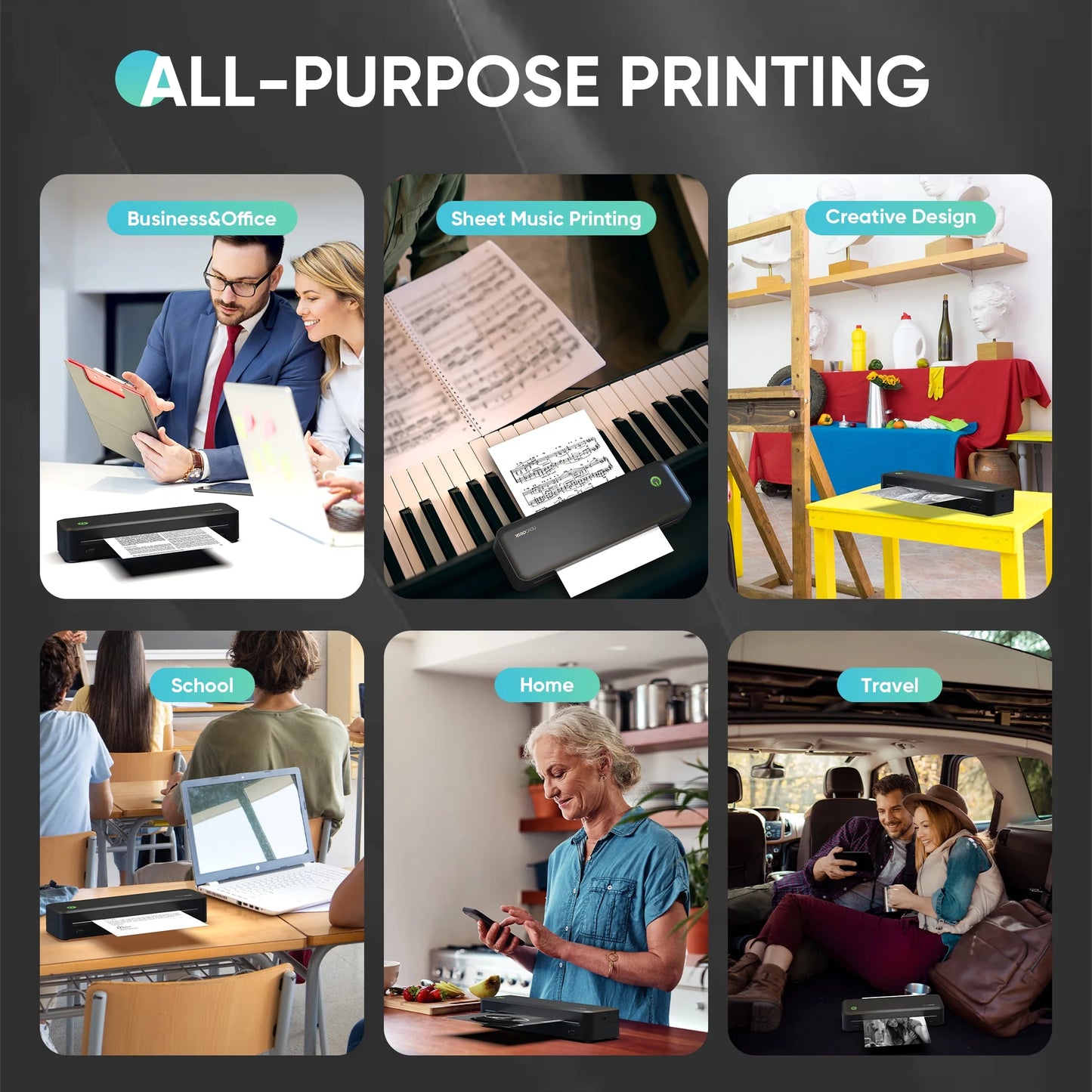 Portable Printers Wireless for Travel, Inkless Portable Bluetooth & USB Printer Supports 3.15" X 10.46" US Letter & A4, Compatible with IOS Android Macos Windows