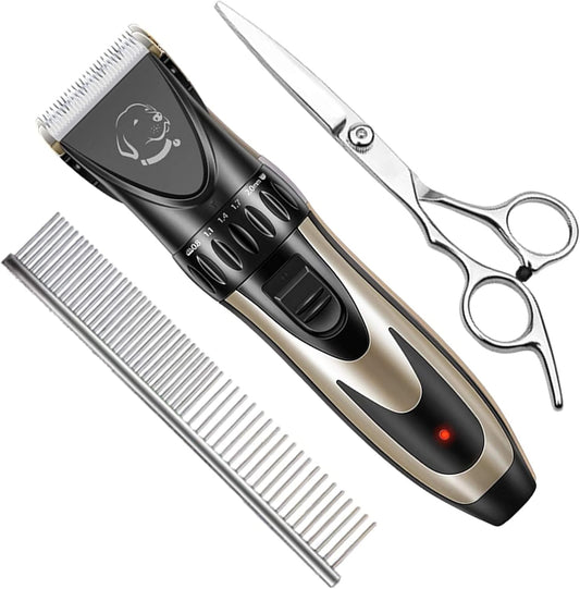 Cordless Dog Shaver Trimmer Kit with Additional Scissor and Hand Comb - Hair Clippers for All Fur Type & All Size Dogs Cats and Pets