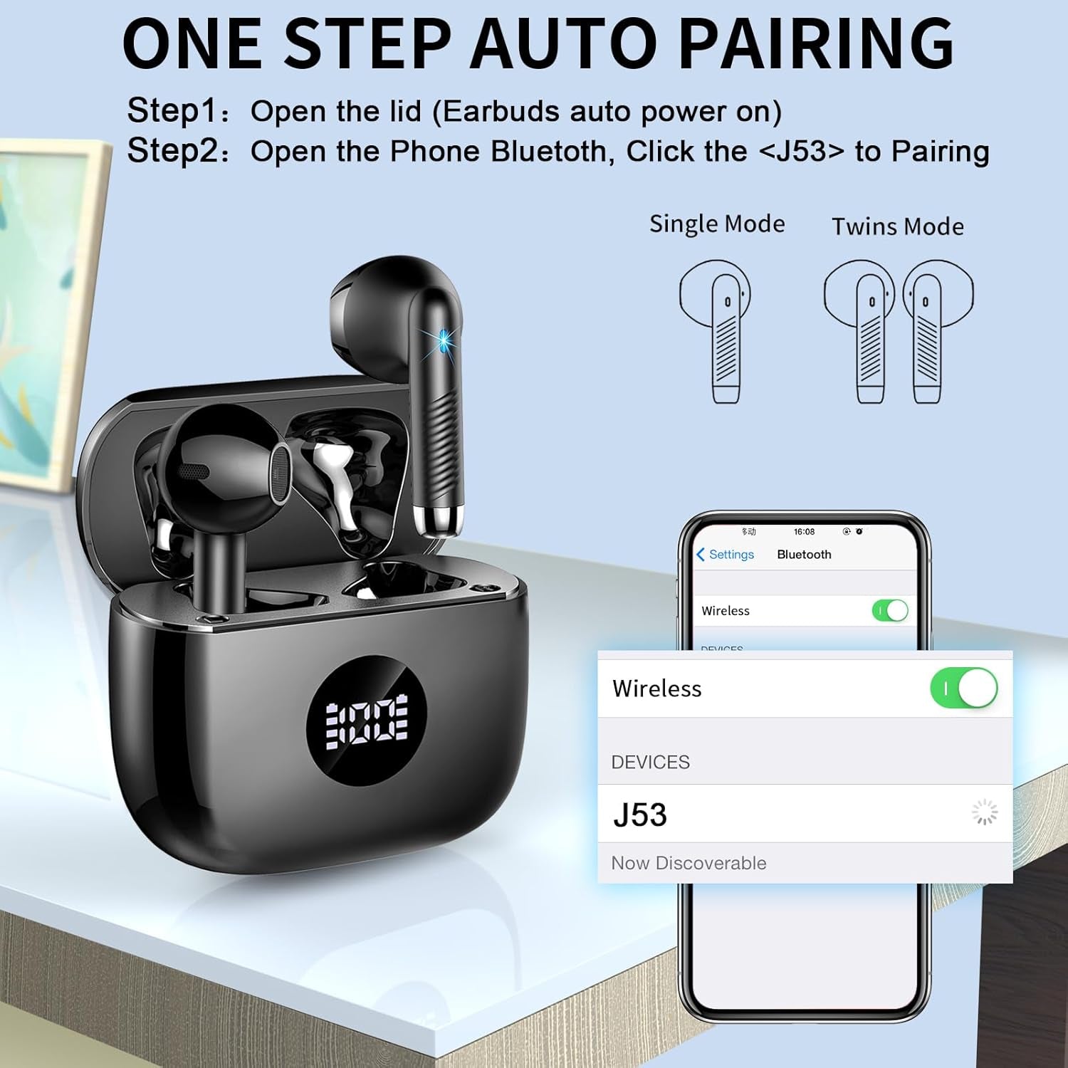 Wireless Earbuds, Bluetooth 5.4 Headphones Hifi Stereo, in Ear Earphones with 4 ENC Noise Cancelling Mics, 50H Playback LED Display Earbuds, IP7 Waterproof Ear Buds with Charging Case for Android Ios