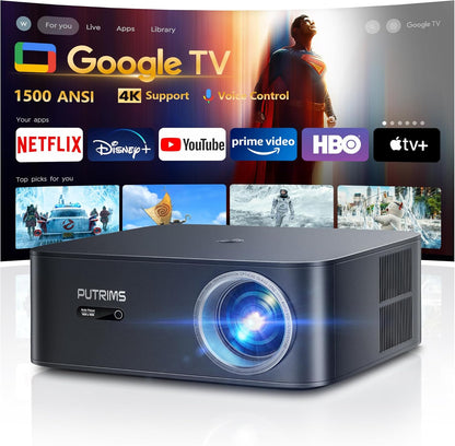 [1500 Ansi/Google Tv/Voice Control]Smart Projector with Wifi 6 and Bluetooth, Netflix-Licensed 4K Support, Outdoor Movie Proyector, 1080P Home Ceiling Auto Focus Projector,  K12 Gray