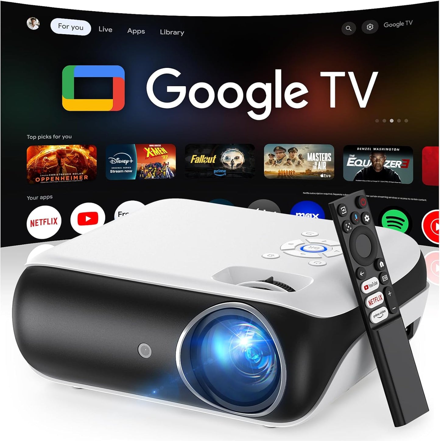 Official Licensed Google TV Smart Projector,  4K UHD Home Theater with Dolby Sound, Wi-Fi & Bluetooth, Built-In Streaming Apps, Compatible with Games Consoles & Smartphone, Indoor & Outdoor Use