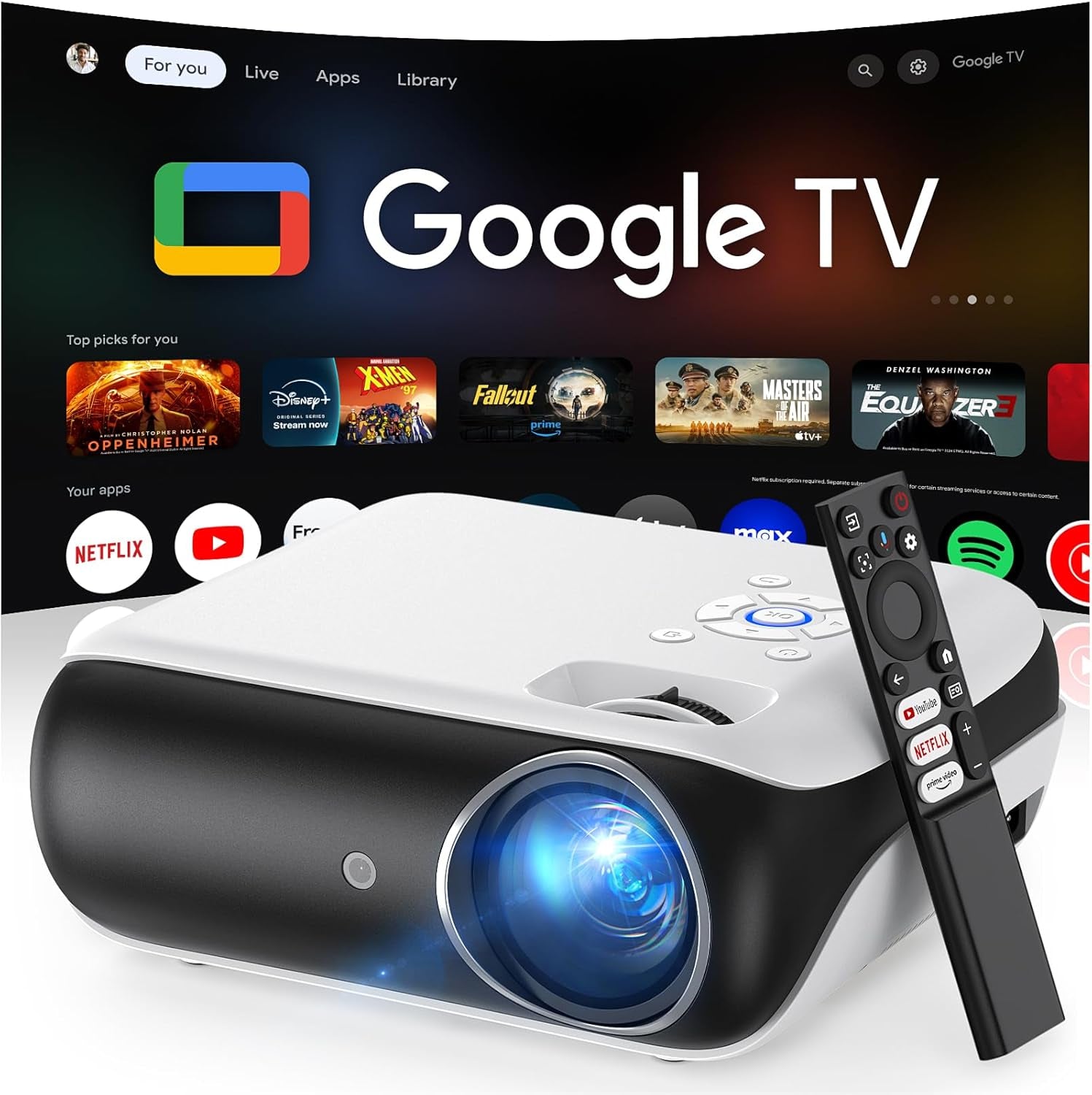 Official Licensed Google TV Smart Projector,  4K UHD Home Theater with Dolby Sound, Wi-Fi & Bluetooth, Built-In Streaming Apps, Compatible with Games Consoles & Smartphone, Indoor & Outdoor Use
