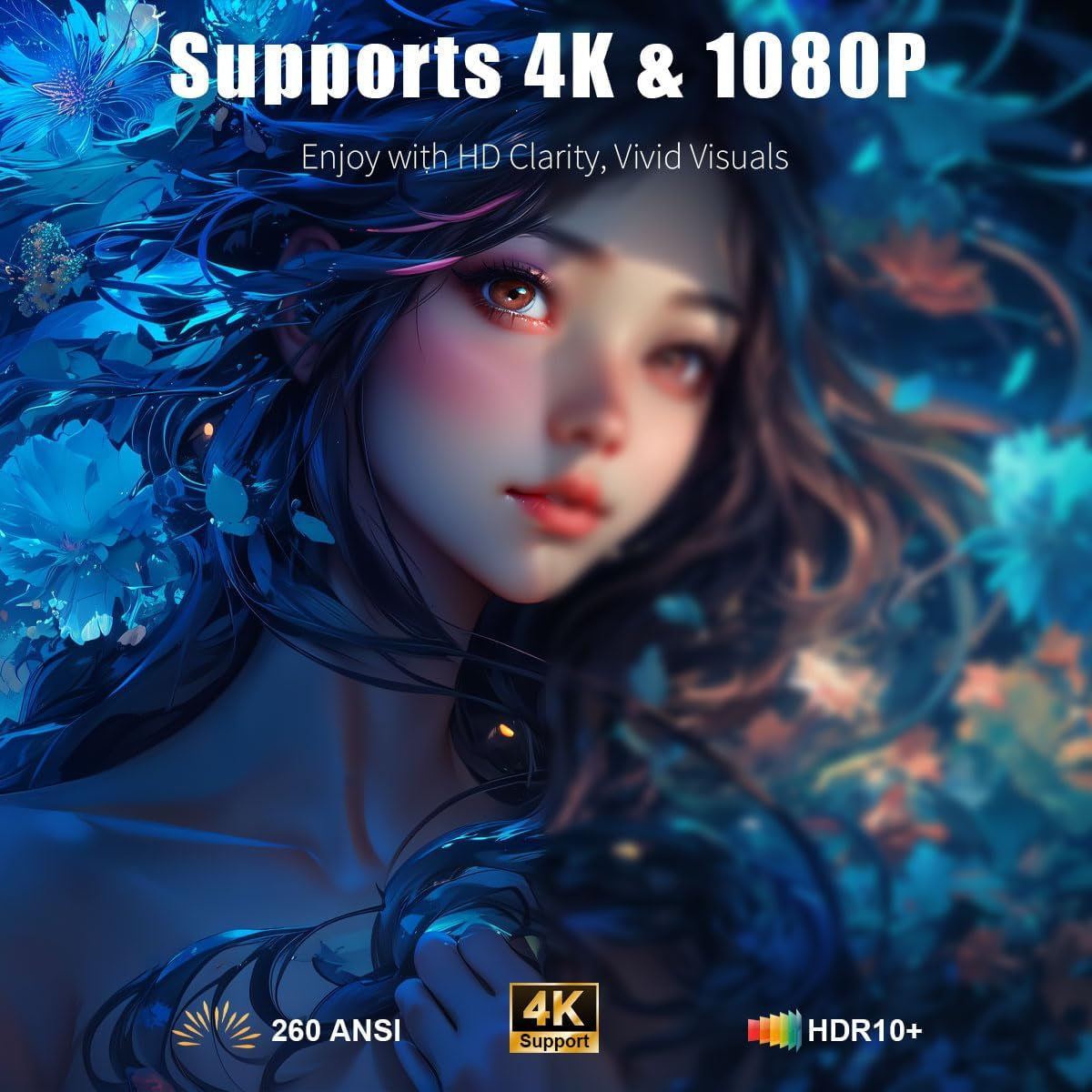 [Smart Projector with Apps] 4K Supported Mini Projector with Wifi and Bluetooth,  Movie Projector for Bedroom Celling Camping & Outdoor Use, Portable Projector with Speaker, Auto Keystone