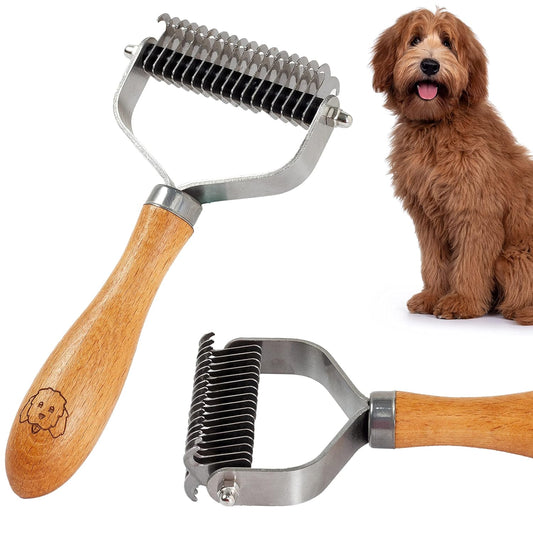 Pet Dematting Comb for Dogs and Cats with Wood Handle, Deshedding Undercoat Rake for Dogs with Stainless Steel Blades, Dog Comb for Detangling Thinning and Shedding, All Hair Types []