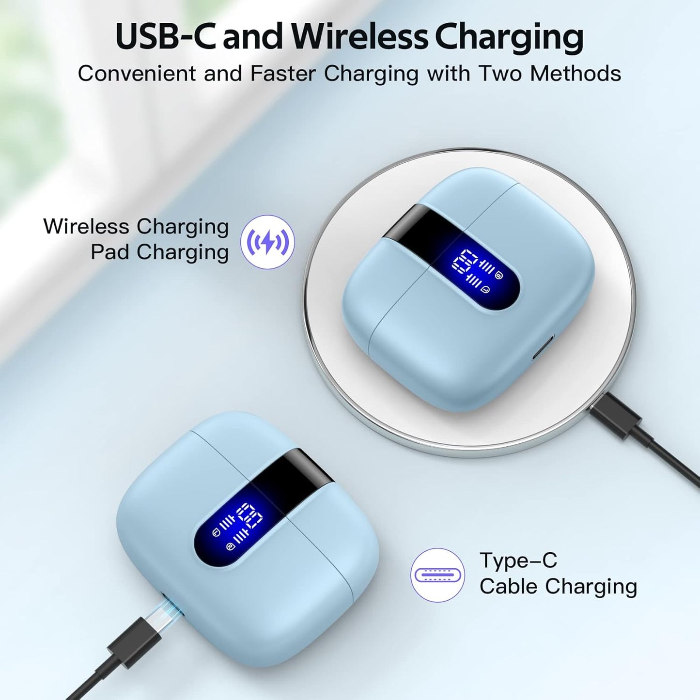 Bluetooth Headphones True Wireless Earbuds 60H Playback LED Power Display Earphones with Wireless Charging Case IPX5 Waterproof In-Ear Ear Buds with Mic for TV Smart Phone Laptop Computer Sports