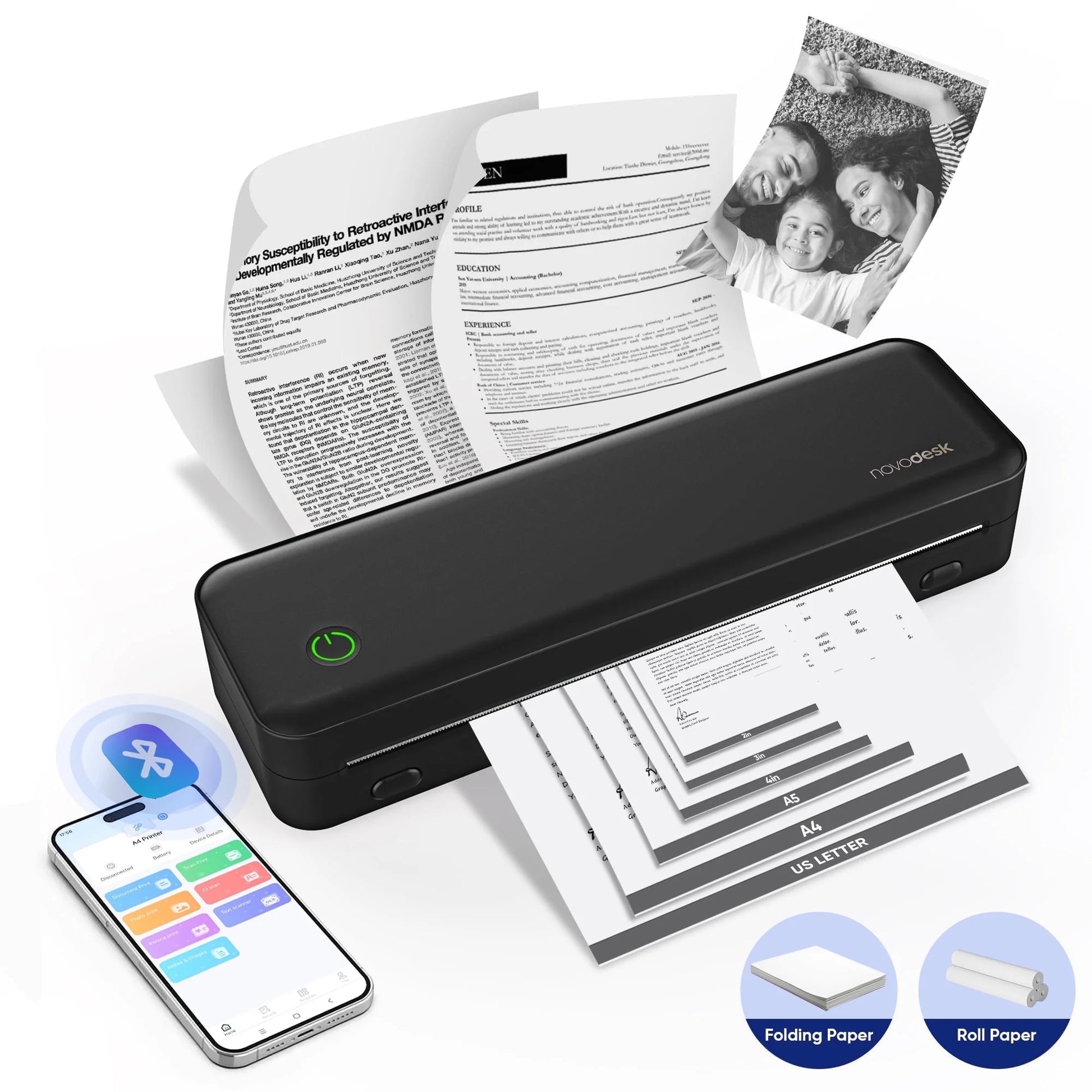 Portable Printers Wireless for Travel, Inkless Portable Bluetooth & USB Printer Supports 3.15" X 10.46" US Letter & A4, Compatible with IOS Android Macos Windows