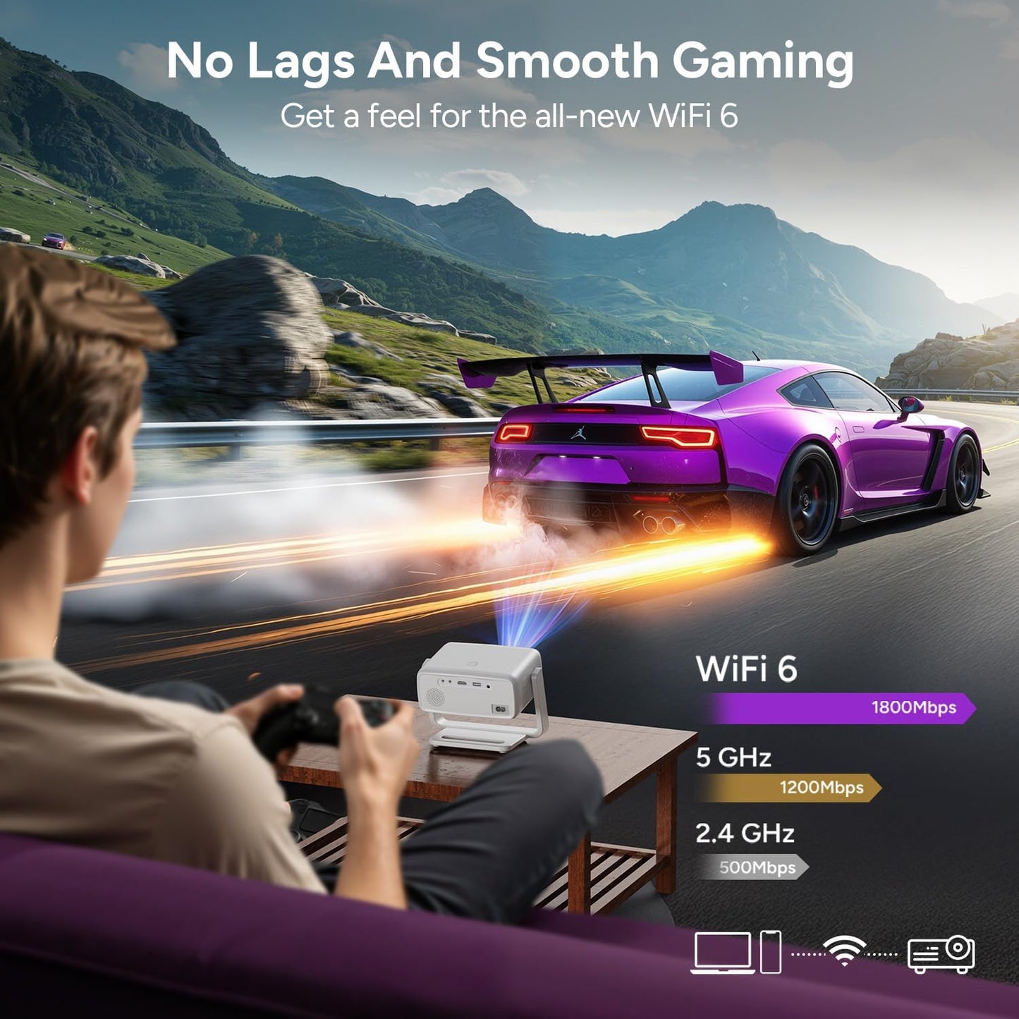 4K Projector with Wifi and Bluetooth, 1800 ANSI Outdoor Smart Projector 4K Auto Focus & Voice Control, Built-In 10,000+ Apps Native 1080P Proyector for Home Movie