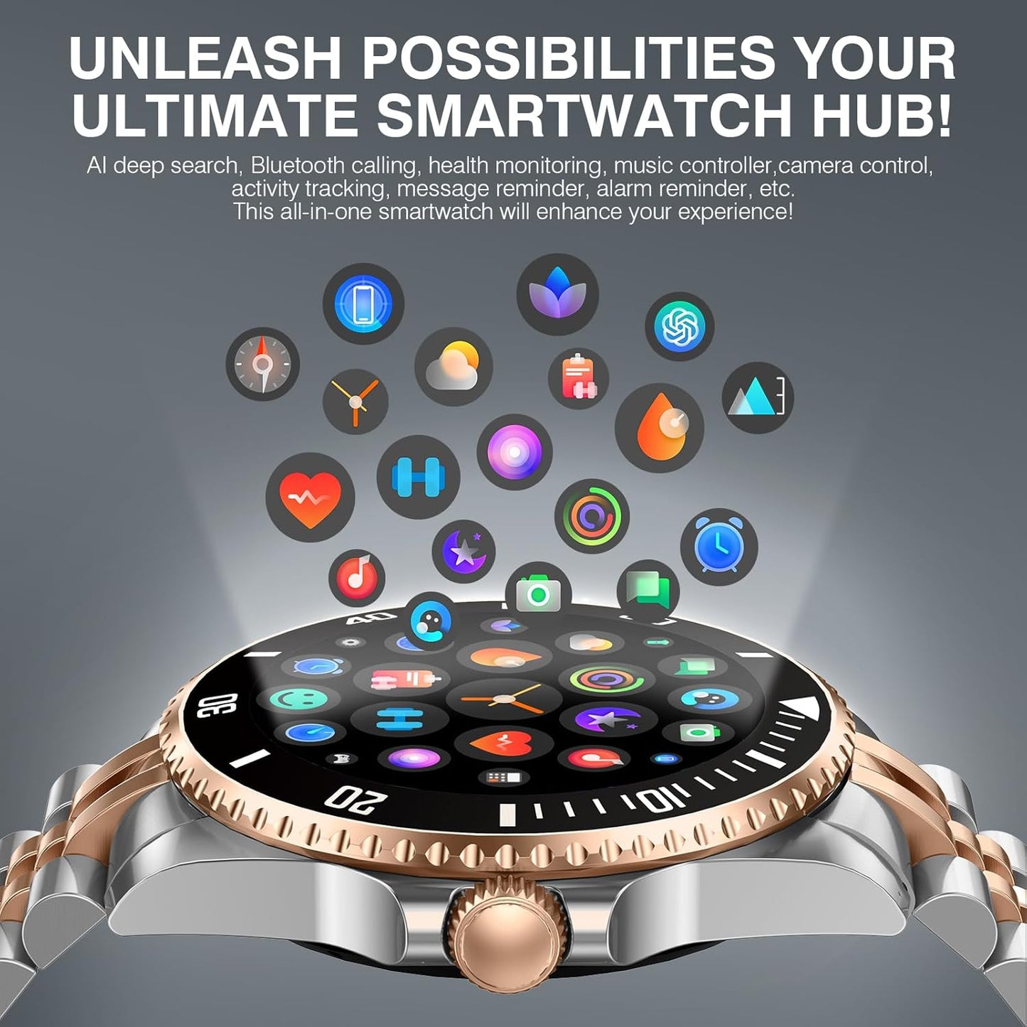 2025 DA GPT Smart Watch with Bluetooth Call,1.19-Inch AMOLED Display, 24/7 Heart Rate, Blood Oxygen, Blood Pressure, Sleep Monitor, 107 Sports Fitness Tracker, Compatible Android and Ios Silver Gold