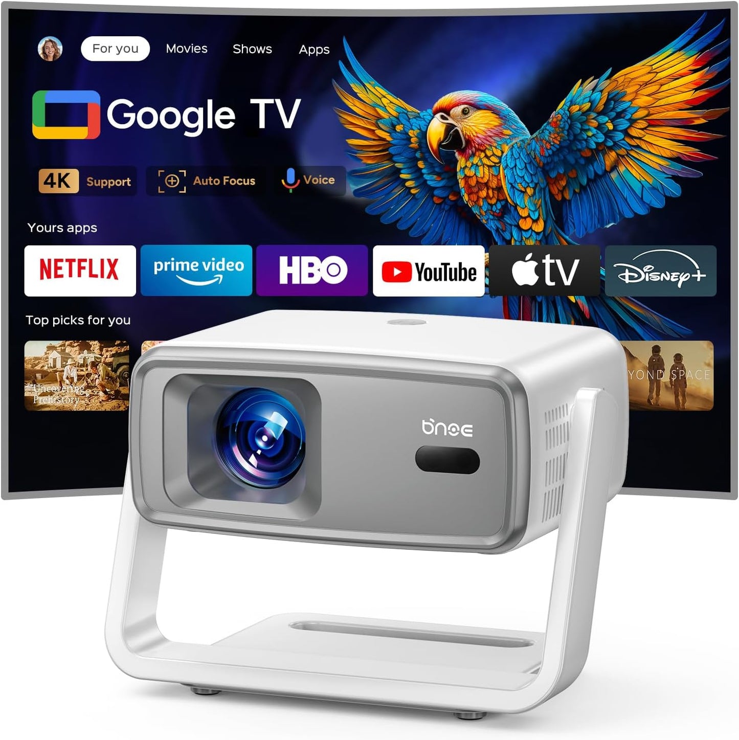 4K Projector with Wifi and Bluetooth, 1800 ANSI Outdoor Smart Projector 4K Auto Focus & Voice Control, Built-In 10,000+ Apps Native 1080P Proyector for Home Movie