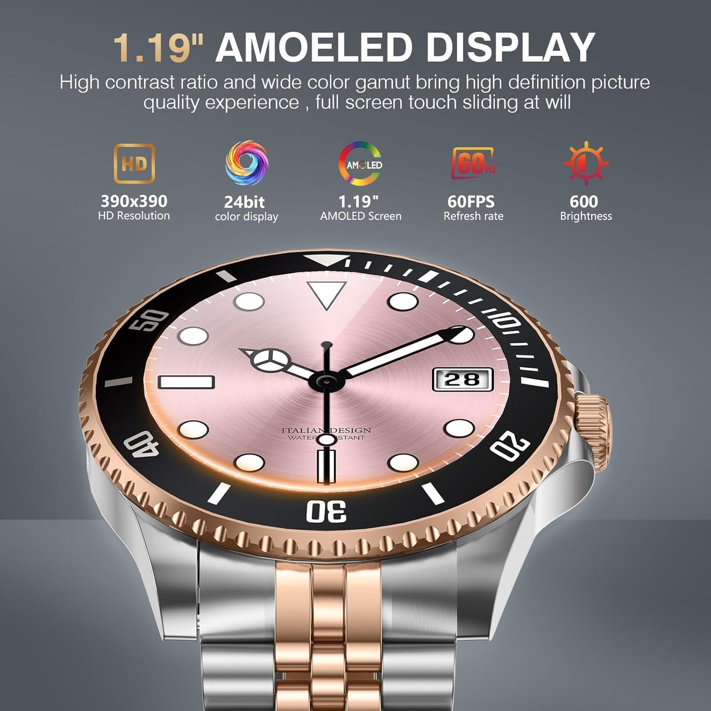 2025 DA GPT Smart Watch with Bluetooth Call,1.19-Inch AMOLED Display, 24/7 Heart Rate, Blood Oxygen, Blood Pressure, Sleep Monitor, 107 Sports Fitness Tracker, Compatible Android and Ios Silver Gold