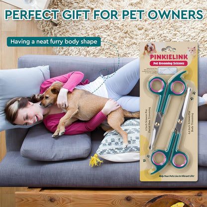 Professional Dog and Cat Grooming Scissors, Pet Grooming Shears, Sharp Stainless Steel Blade with round Tips - Safety Fur Trimming for Dogs, Cats (Set of 2)