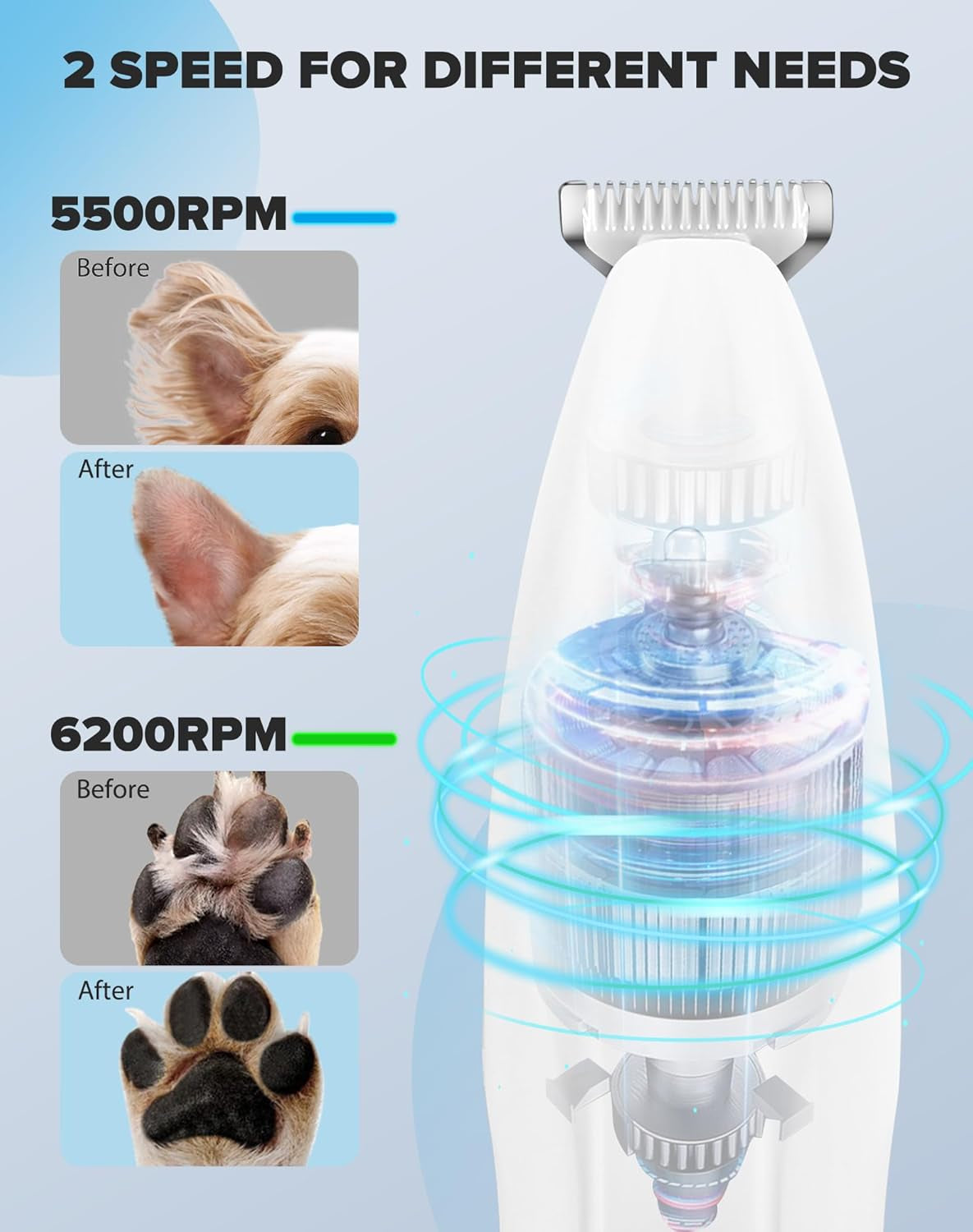Dogs Paw Trimmer, 2 Speed Low Noise Dog Clippers for Grooming, Cordless Rechargeable Dog Hair Trimmer with LED Light, Widen Blade Cat Pet Hair Shaver for Paws, Eyes, Ears, Face, Rump (White)
