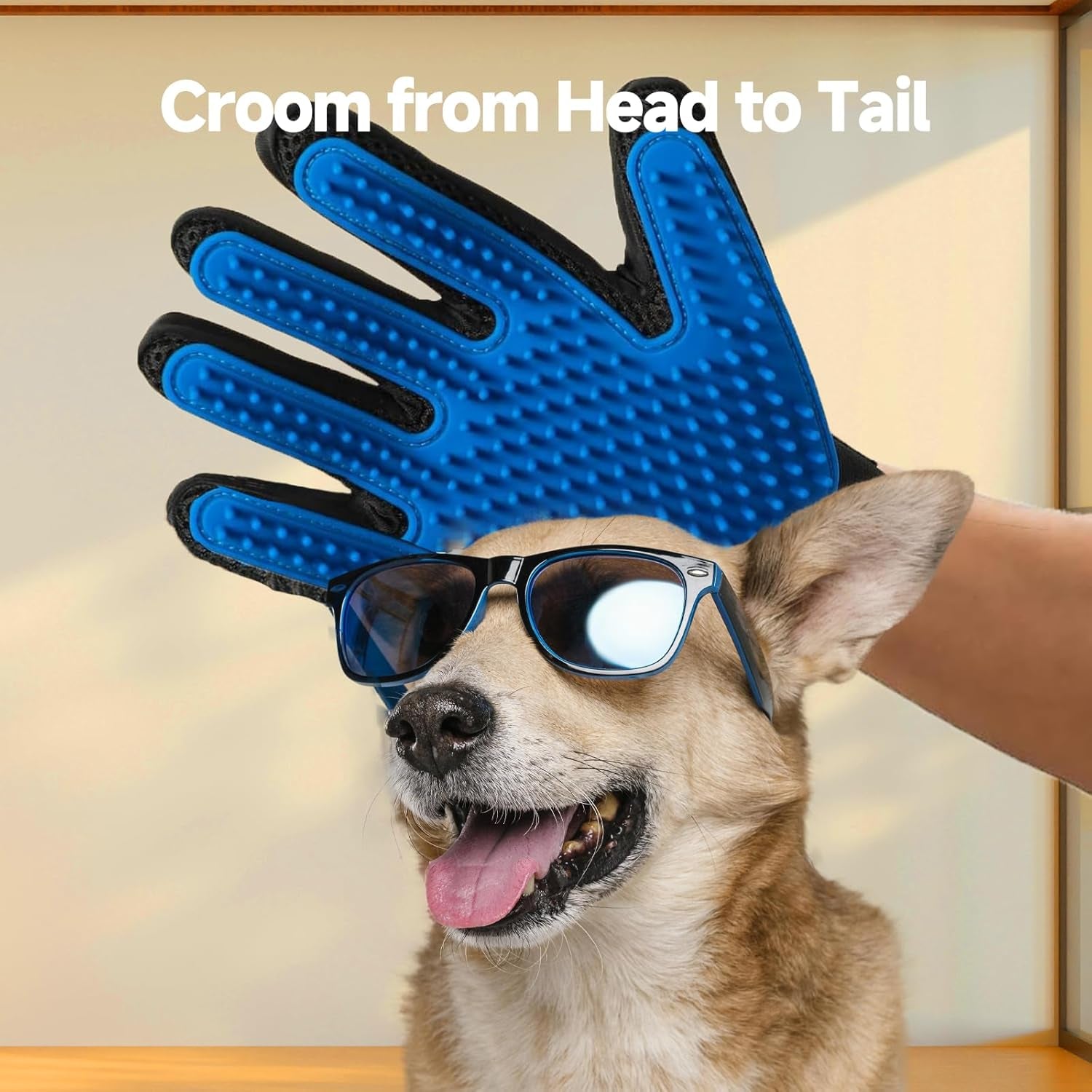 Pet Hair Removal Glove for Dogs & Cats, 2-Pack 2-In-1 Deshedding Brush & Massage Mitt - Grooming Gloves for Shedding Control, Bathing and Washing, Safe for Short/Long Hair Pets (Blue)