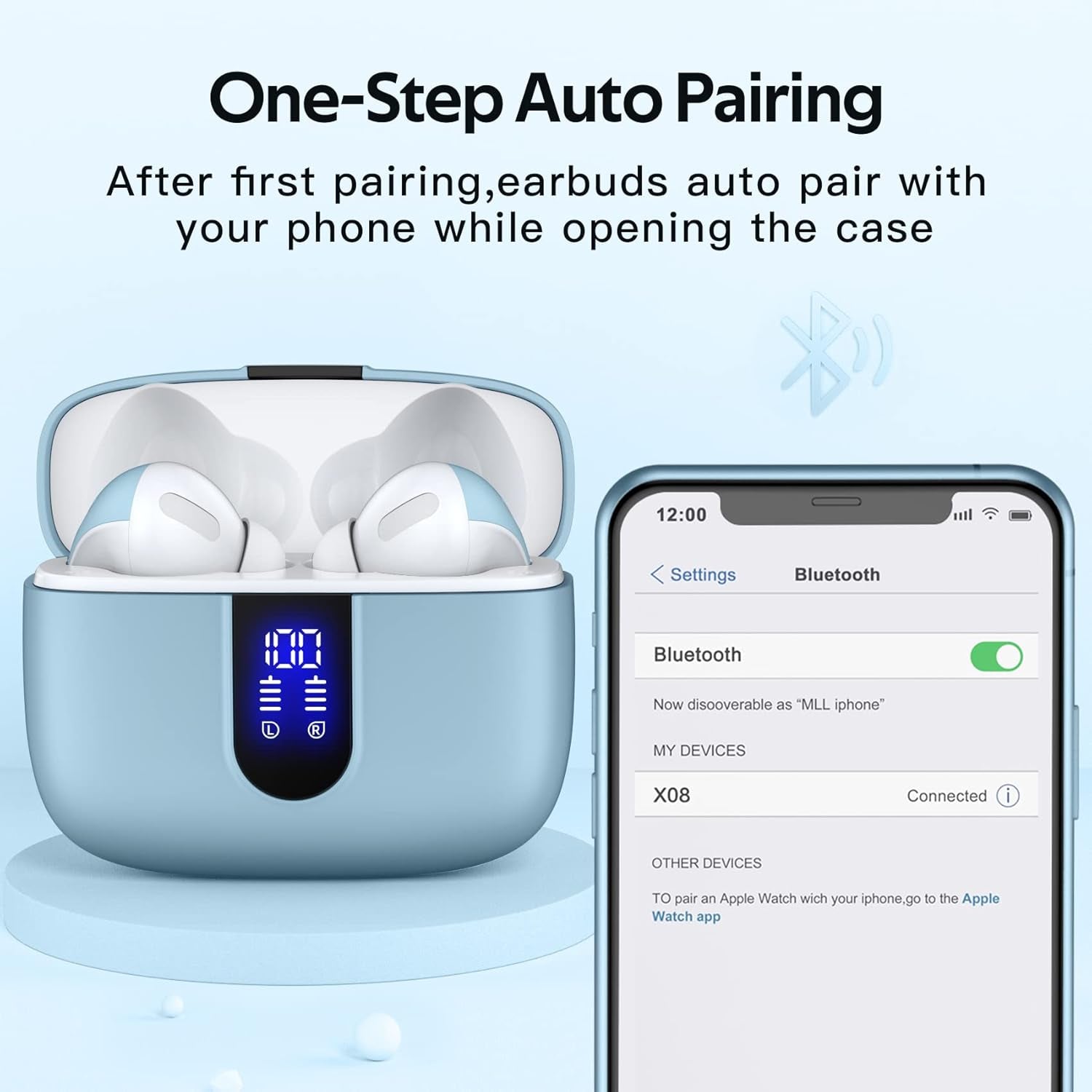 Bluetooth Headphones True Wireless Earbuds 60H Playback LED Power Display Earphones with Wireless Charging Case IPX5 Waterproof In-Ear Ear Buds with Mic for TV Smart Phone Laptop Computer Sports