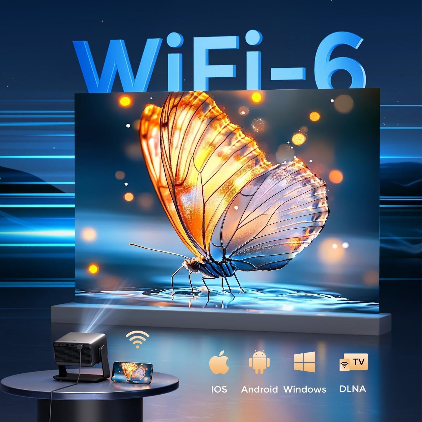 Video Projector with Wifi and Bluetooth, Smart Movie System/ Dolby Audio/ Auto Focus & Keystone Portable Projector, 4K Video Decode & 1080P Native for Home Theater / Outdoor