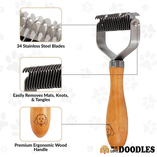 Pet Dematting Comb for Dogs and Cats with Wood Handle, Deshedding Undercoat Rake for Dogs with Stainless Steel Blades, Dog Comb for Detangling Thinning and Shedding, All Hair Types []