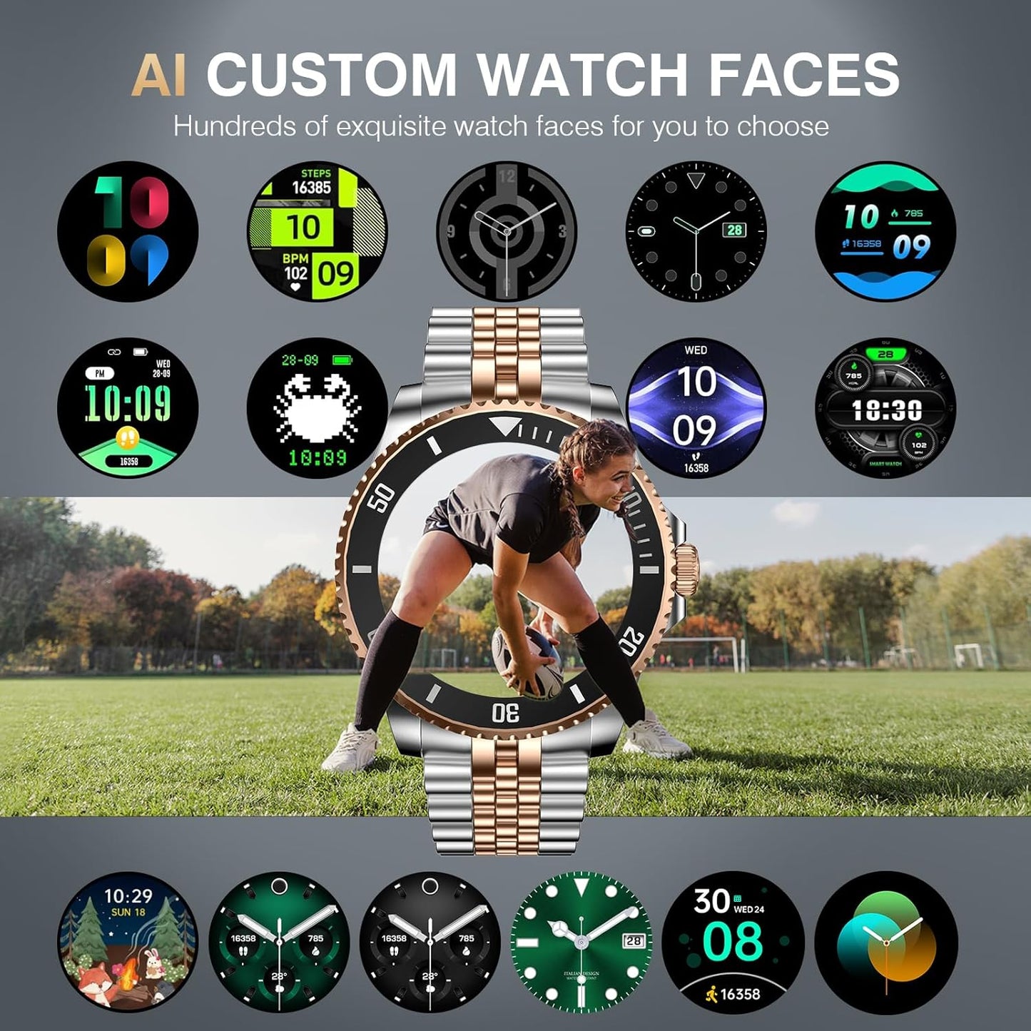 2025 DA GPT Smart Watch with Bluetooth Call,1.19-Inch AMOLED Display, 24/7 Heart Rate, Blood Oxygen, Blood Pressure, Sleep Monitor, 107 Sports Fitness Tracker, Compatible Android and Ios Silver Gold