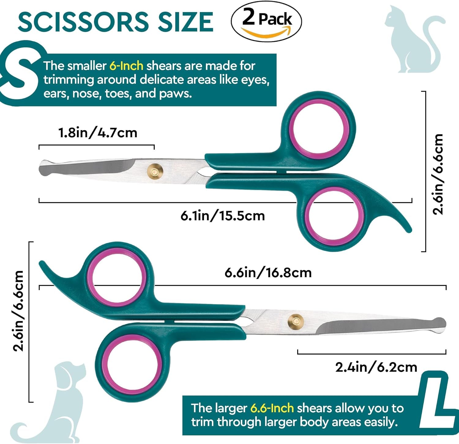 Professional Dog and Cat Grooming Scissors, Pet Grooming Shears, Sharp Stainless Steel Blade with round Tips - Safety Fur Trimming for Dogs, Cats (Set of 2)