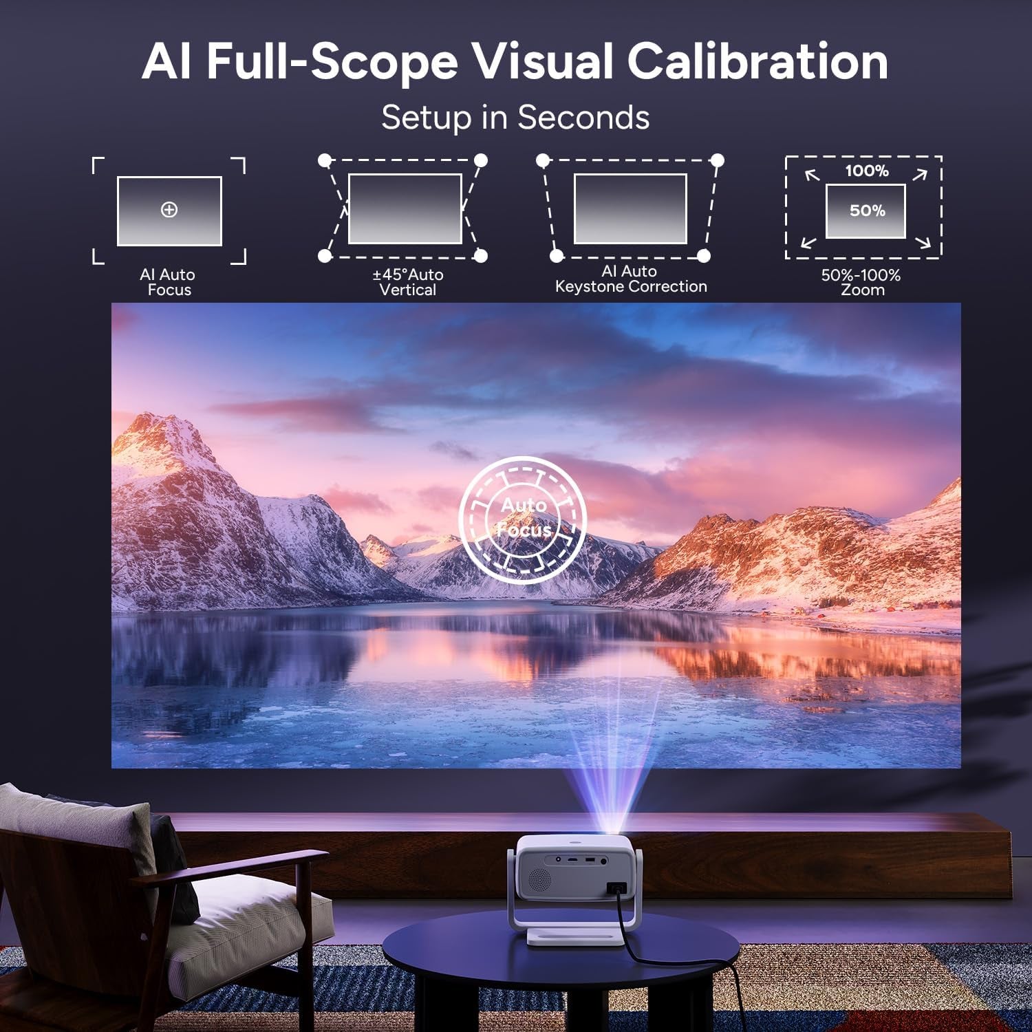4K Projector with Wifi and Bluetooth, 1800 ANSI Outdoor Smart Projector 4K Auto Focus & Voice Control, Built-In 10,000+ Apps Native 1080P Proyector for Home Movie