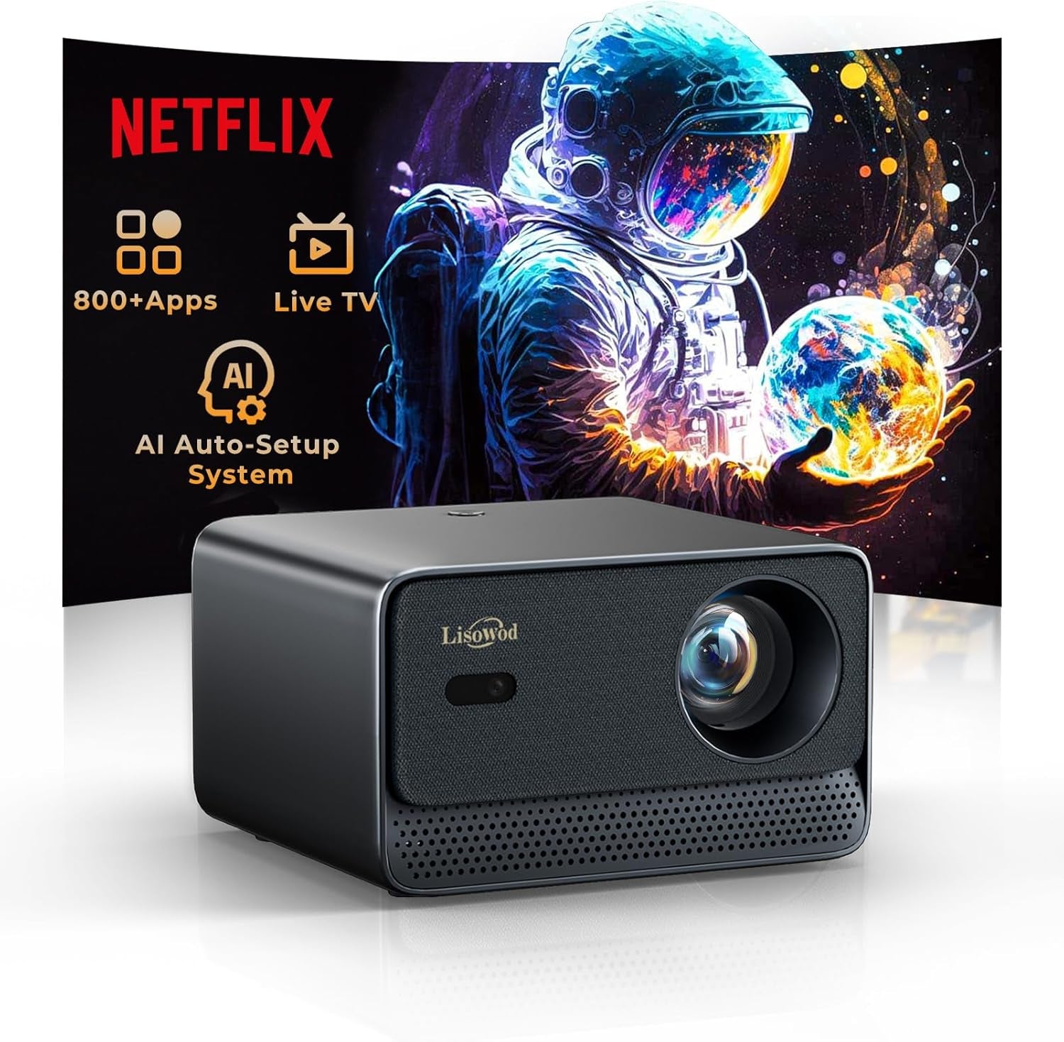 Projector with Wifi and Bluetooth: [1400 ANSI /Ai Auto Focus/ 800+ Native Apps /Auto 4P Keystone /For Netflix] Outdoor-Projector, 1080P Smart-Portable-Mini-Movie-Projector,  L03Pro with Live TV