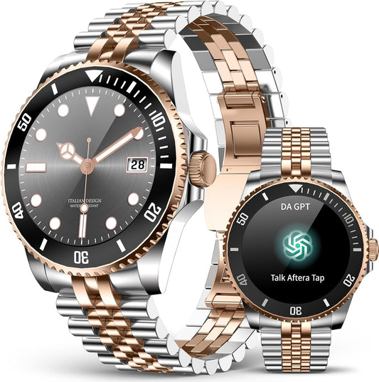 2025 DA GPT Smart Watch with Bluetooth Call,1.19-Inch AMOLED Display, 24/7 Heart Rate, Blood Oxygen, Blood Pressure, Sleep Monitor, 107 Sports Fitness Tracker, Compatible Android and Ios Silver Gold