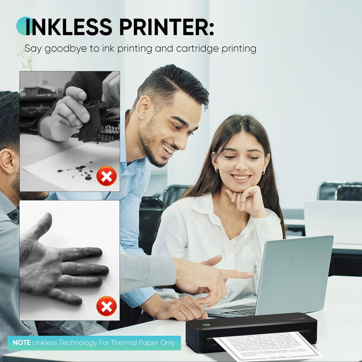 Portable Printers Wireless for Travel, Inkless Portable Bluetooth & USB Printer Supports 3.15" X 10.46" US Letter & A4, Compatible with IOS Android Macos Windows
